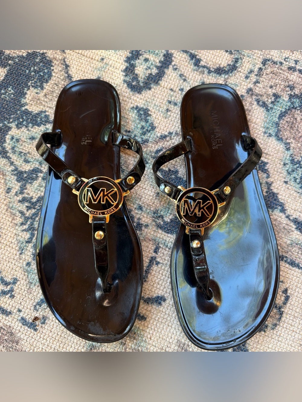 Michael Kors Black Patent Jelly Thong Sandals with Gold MK Medallions